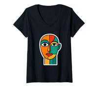 Femme Art Moderne géométrique Abstrait Visage T-Shirt avec Col en V