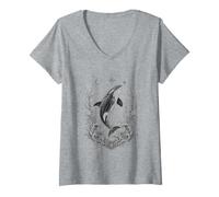 Femme Art Monochrome de la Faune océanique Orca Breach T-Shirt avec Col en V