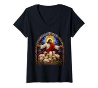 Femme Art mosaïque de la cathédrale médiévale de Jésus Le Berger avec des agneaux T-Shirt avec Col en V
