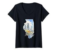 Femme Art Mural Aquarelle de l'horizon d'Illinois T-Shirt avec Col en V