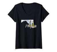 Femme Art Mural Aquarelle Phare et Silhouette du Maryland T-Shirt avec Col en V