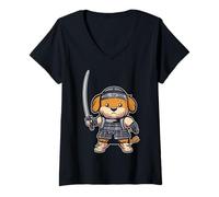 Femme Art Ninja Japonais et Chien samouraï Japonais T-Shirt avec Col en V