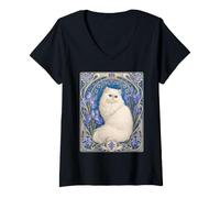 Femme Art Nouveau Chat Persan Iris Floral T-Shirt avec Col en V