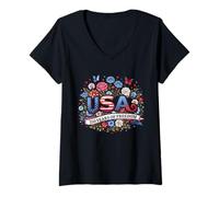 Femme Art Patriotique de la liberté Florale du 250e Anniversaire des États-Unis T-Shirt avec Col en V
