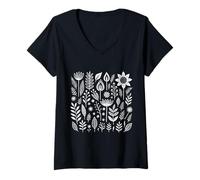 Femme Art Populaire botanique Floral Vintage Nature Fleurs imprimé T-Shirt avec Col en V