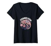 Femme Art Populaire Floral caméléon - Graphique botanique Reptile T-Shirt avec Col en V