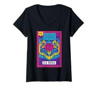 Femme Art Populaire Floral coloré d'inspiration Mexicaine Rose 41 La Rosa T-Shirt avec Col en V