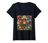 Femme Art Populaire scandinave Fleurs Cottagecore Nature Top T-Shirt avec Col en V