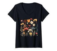 Femme Art Populaire scandinave Fleurs Cottagecore Nature Top T-Shirt avec Col en V