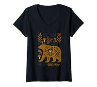 Femme Art Populaire scandinave Ours botanique Floral T-Shirt avec Col en V