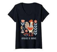 Femme Art Populaire Vintage Coq Hygge & høns Design T-Shirt avec Col en V