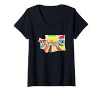 Femme Art rétro coloré de l'État de Washington T-Shirt avec Col en V