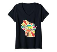 Femme Art rétro coloré de l'État du Wisconsin T-Shirt avec Col en V