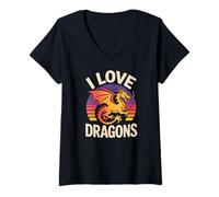 Femme Art rétro du Coucher de Soleil I Love Dragons T-Shirt avec Col en V