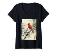 Femme Art rétro Japonais imprimé Oiseau Cardinal du Nord T-Shirt avec Col en V
