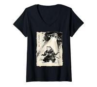 Femme Art rétro Samouraï Grenouille UFO Abduction Encre Japonaise T-Shirt avec Col en V