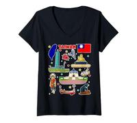 Femme Art Souvenir de Taiwan, Carte et Monuments colorés de Taiwan T-Shirt avec Col en V