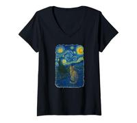 Femme Art - The Staring Into The Night Van Gogh Cat T-Shirt avec Col en V