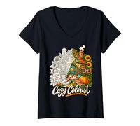 Femme Art Thérapeutique pour Amateurs de Chats et Fleurs T-Shirt avec Col en V