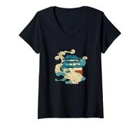 Femme Art Traditionnel Asiatique bâtiment Japonais Ocean Wave Yippon T-Shirt avec Col en V