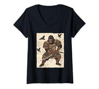 Femme Art Ukiyo-e Japonais Gorilla Samurai Katana Warrior T-Shirt avec Col en V