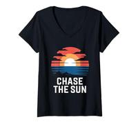 Femme Art Vintage de Coucher de Soleil d'Ase The Sun T-Shirt avec Col en V