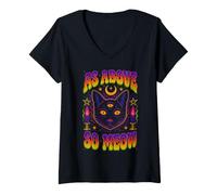 Femme As Above So Meow Chat Noir Troisième Œil Occulte T-Shirt avec Col en V