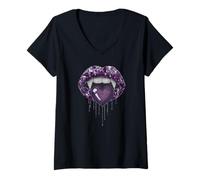 Femme Asexual Vampire Lips Fangs Ace Pride Heart Halloween T-Shirt avec Col en V