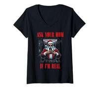 Femme Ask Your Mom If I'm Real Sarcastic Santa Humour Christmas T-Shirt avec Col en V