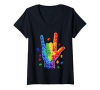 Femme ASL I Love You Puzzle en Langue des Signes pour Sensibilisation à l'Autisme T-Shirt avec Col en V