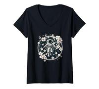 Femme Astral Sakura Astronaute Cherry Blossoms Japanese Futurecore T-Shirt avec Col en V