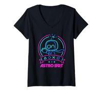 Femme Astro Bot Neon Waving Character with Icons Video Game T-Shirt avec Col en V