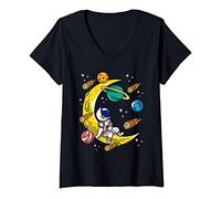 Femme Astronaut Sitting On The Moon Kids Boys Planets Comets Stars T-Shirt avec Col en V