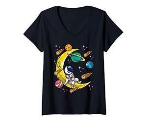 Femme Astronaut Sitting On The Moon Kids Boys Planets Comets Stars T-Shirt avec Col en V
