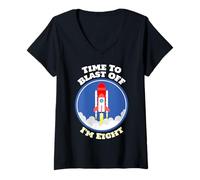 Femme Astronaute Anniversaire 8 Years Old Boys Time to Blast Off I'm 8 T-Shirt avec Col en V