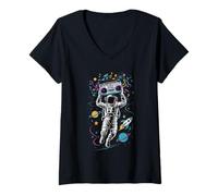 Femme Astronaute Boombox Jamming in the Galaxy Retro Music Space T-Shirt avec Col en V