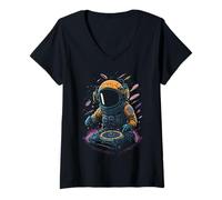 Femme Astronaute DJ DJing Jouant des platines dans l'espace Femmes Enfants Hommes T-Shirt avec Col en V