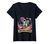 Femme Astronaute équitation T-Rex Dino Space Ranger Asteroid Planet T-Shirt avec Col en V