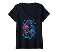 Femme Astronaute et Koi Graphic - Surreal Lotus Space Dream Design T-Shirt avec Col en V
