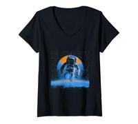 Femme Astronaute Minimaliste dans l'astronomie Spatiale Planètes T-Shirt avec Col en V