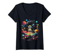 Femme Astronaute psychédélique dans l'univers coloré, Space Art Galaxie T-Shirt avec Col en V