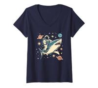 Femme Astronaute rétro équitation Requin dans l'espace Plage Fille été T-Shirt avec Col en V