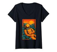Femme Astronaute se Relaxant Parmi Les Roses Bleues et Le Coucher du Soleil T-Shirt avec Col en V