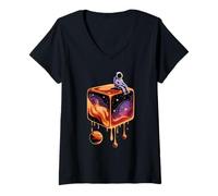Femme Astronaute Sur Cube Fondant Galaxie Espace Art Surréaliste T-Shirt avec Col en V