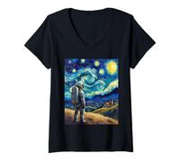 Femme Astronaute visionnaire inspiré de Van Gogh T-Shirt avec Col en V