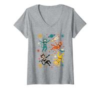 Femme Astronautes Space Cats rétro drôles du Milieu du siècle T-Shirt avec Col en V