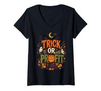 Femme Astuce ou Profit drôle Halloween Bourse rétro T-Shirt avec Col en V