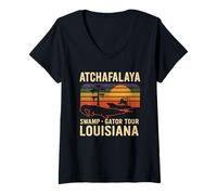 Femme Atchafalaya Gator Tour Shirt Louisiane Marais Bateau Coucher de Soleil T-Shirt avec Col en V