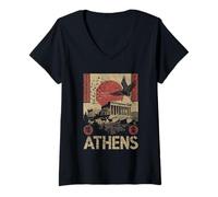 Femme Athènes Parthénon Oiseau Rouge Soleil Grec Asiatique Fusion Voyage Art T-Shirt avec Col en V