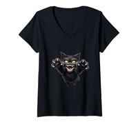 Femme Attaque de Saut de Chat Noir féroce T-Shirt avec Col en V